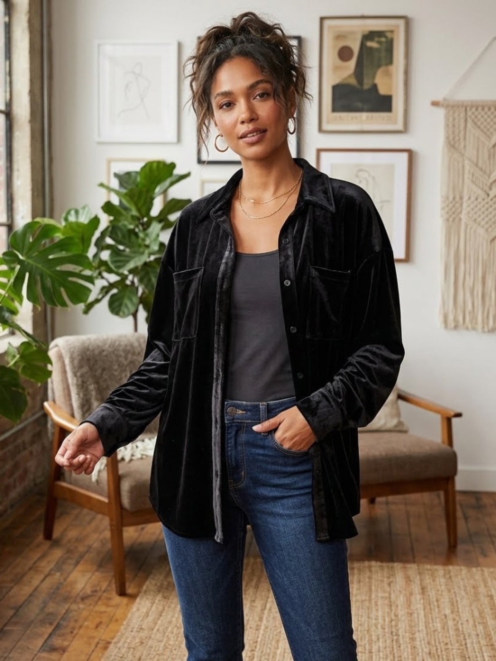 VICI Black Velvet Button Down Shirt Oversized Shacket Blouse Pocket Small S